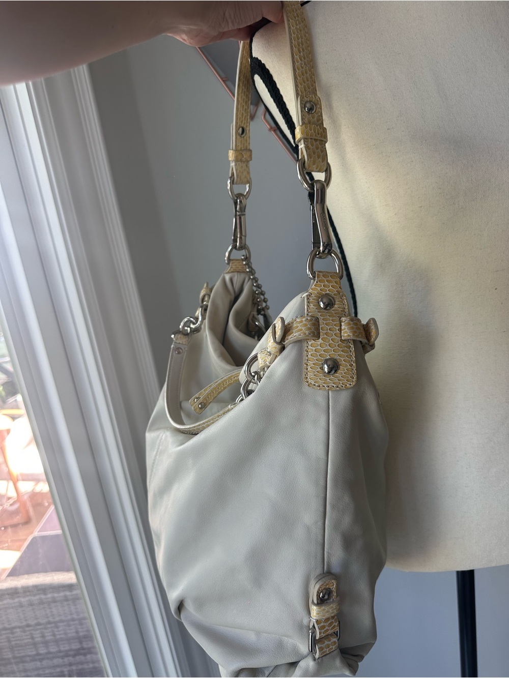 Y2K COACH Brooke Vintage Ivory Leather Hobo Shoulder Bag Purse Yellow Python